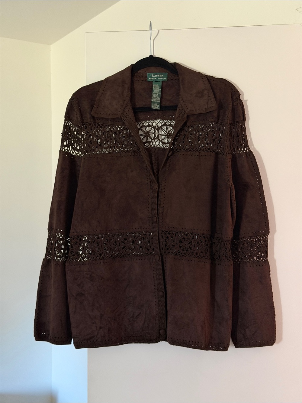 Vintage Lauren Ralph Lauren Brown Suede Crochet-Inset Jacket Shacket
